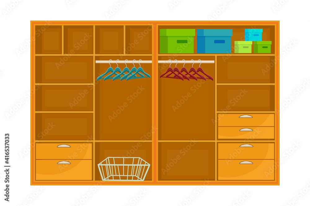 Closet isolated on white background. Empty open wardrobe with hanger, shelves and drawers. Furniture wardrobe room. Blank cartoon dress storage cabinet.Interior for house or office.Vector illustration Closet isolated on white background. Empty open wardrobe with hanger, shelves and drawers. Furniture wardrobe room. Blank cartoon dress storage cabinet.Interior for house or office.Vector illustration
