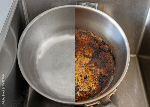 Compare burnt pan image before and after cleaning the unclean able stained pot from burnt cooking pot. The dirty stainless steel pan with the clean pan clean shiny bright like new in the kitchen sink. photo