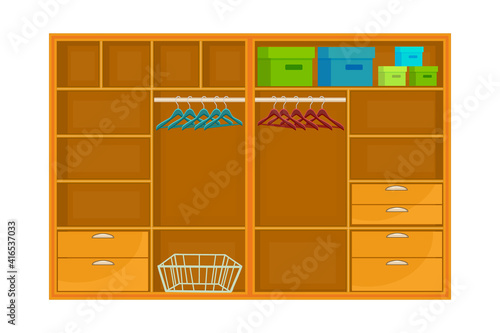 Closet isolated on white background. Empty open wardrobe with hanger, shelves and drawers. Furniture wardrobe room. Blank cartoon dress storage cabinet.Interior for house or office.Vector illustration