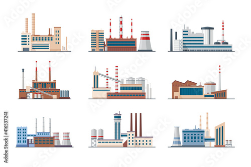 Plants and factories set. Industrial buildings with smoke pipes isolated on white. Vector illustration for manufacture in city, industry, exhaust gas concept