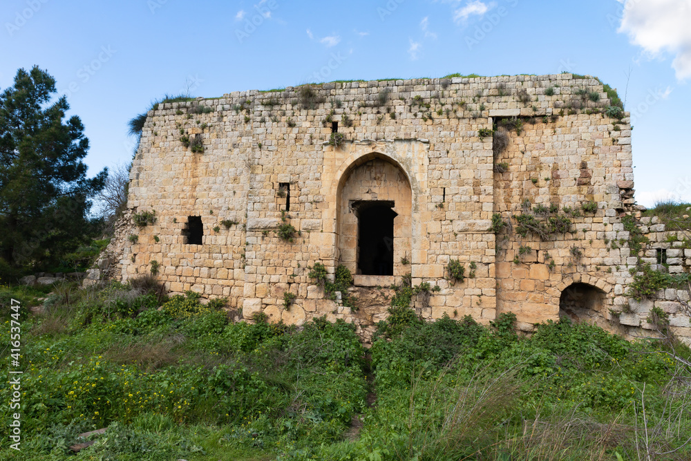 The main  entrance to the ruins of crusader Fortress Chateau Neuf - Metsudat Hunin is located at the entrance to the Israeli Margaliot village in the Upper Galilee in northern Israel