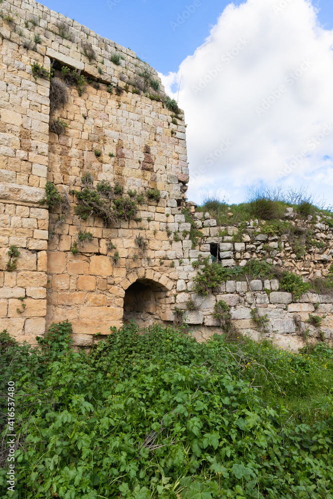 The outer  walls of the ruins of crusader Fortress Chateau Neuf - Metsudat Hunin is located at the entrance to the Israeli Margaliot village in the Upper Galilee in northern Israel
