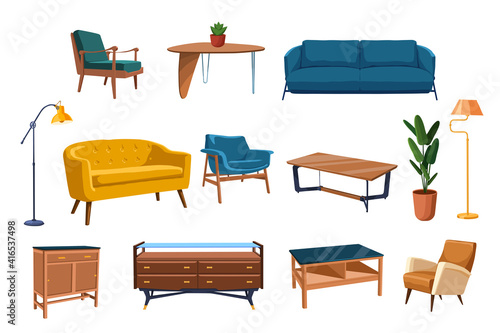 Home furniture set. Contemporary trendy stylish living room elements, modern chair, table, mid century couch, armchair. For home interior design concept