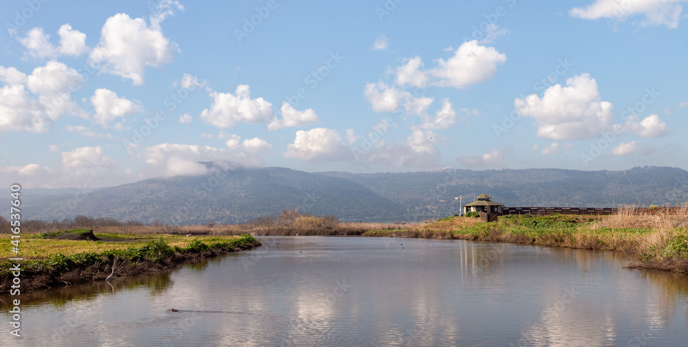 Early  morning at Lake Hula Nature Reserve in northern Israel in the background.