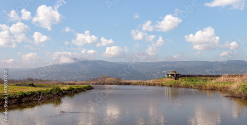 Early morning at Lake Hula Nature Reserve in northern Israel in the background.