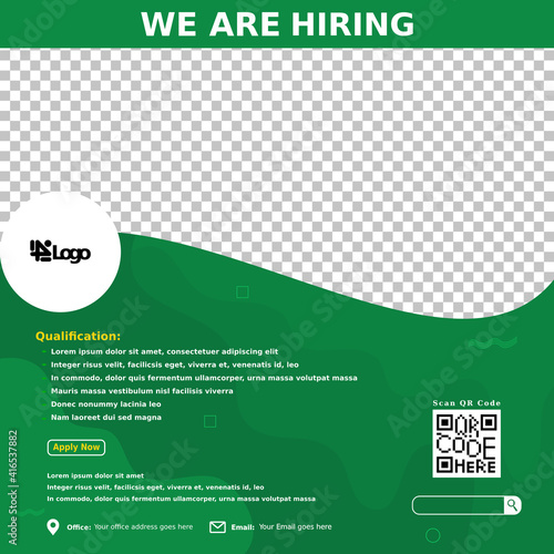 We are hiring design for companies. Square social media post layout. Job opening banner, poster, background template on green color