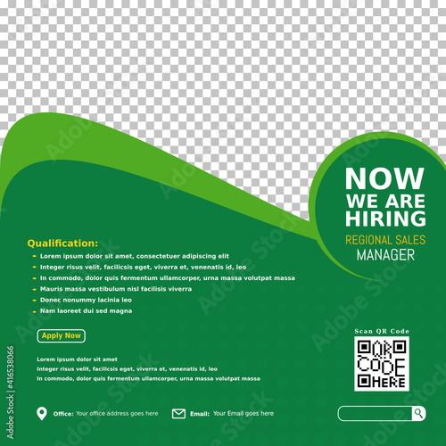 We are hiring regional sales manager design for companies. Square social media post layout. Job opening banner, poster, background template on green color