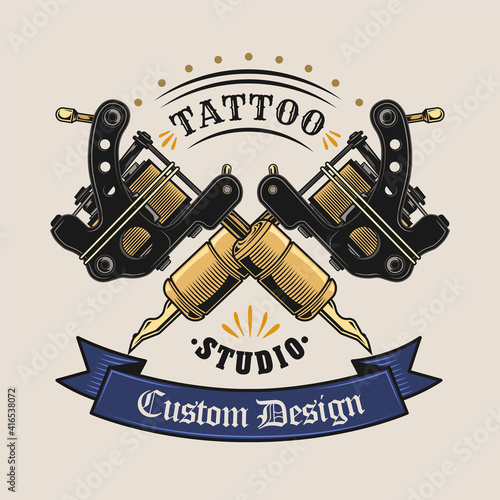 Colored badge with crossed tattoo equipment vector illustration. Vintage elements with needle machines. Tattoo studio and custom design concept can be used for retro template