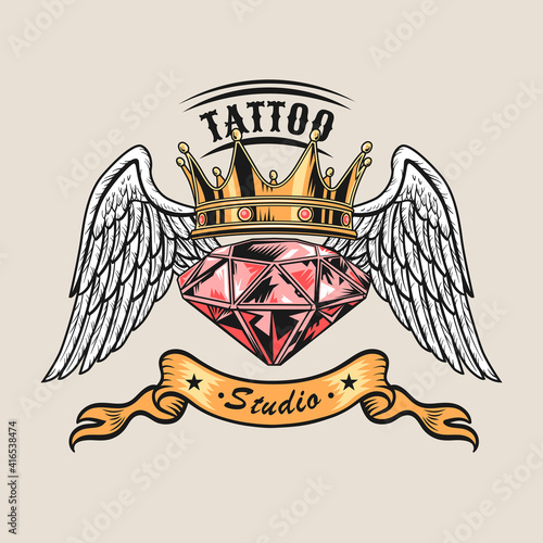 Colored vintage badge with pink diamond vector illustration. Colorful jewel, crown and angel wings. Tattoo studio and custom design concept can be used for retro template