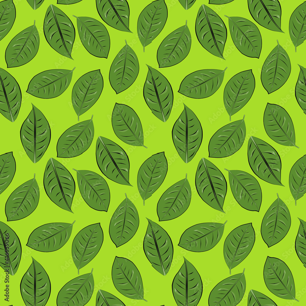 Fototapeta premium Color seamless pattern of leaves on a light green background.