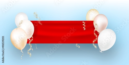 White helium balloons, holding the flag of the red flag over the blue sky.