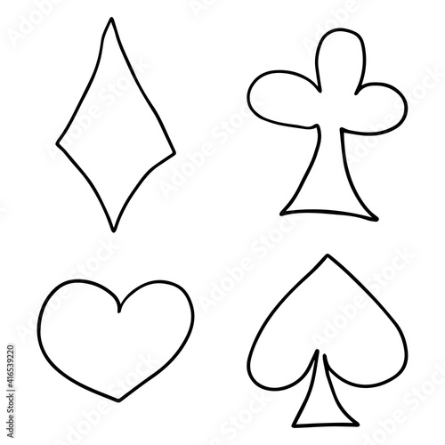 Cute doodle suit of playing cards, signs, symbols isolated on white background.