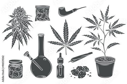 Marijuana monochrome glyph isolated vector icon set, hemp leaves and seeds, cannabis bud. Smoking cannabis pipe, cigarette, buds indica marijuana, joint, glass jar, tobacco and plastic bag.