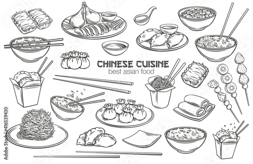 Chinese cuisine outline icon set. Asian food engraved monochrome vector illustration. Mapo tofu, rice, Dragons beard candy and tanghulu. Wok, peking duck, dumplings, wonton, fried noodles and rolls. photo