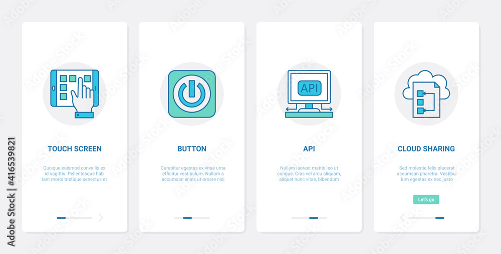 Internet connection network technology vector illustration. UX, UI onboarding mobile app page screen set with line phone touch screen with hand, computer power button, api tech connecting symbols