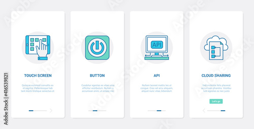 Internet connection network technology vector illustration. UX, UI onboarding mobile app page screen set with line phone touch screen with hand, computer power button, api tech connecting symbols