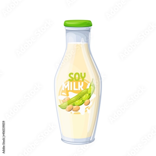 Soy milk in a glass bottle. Healthy food vector illustration for design vegetarian diet.