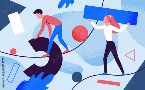 Creative problem solving concept vector illustration. Cartoon man woman characters holding abstract shapes, figures and forms, create solution for business problem task, people teamwork background