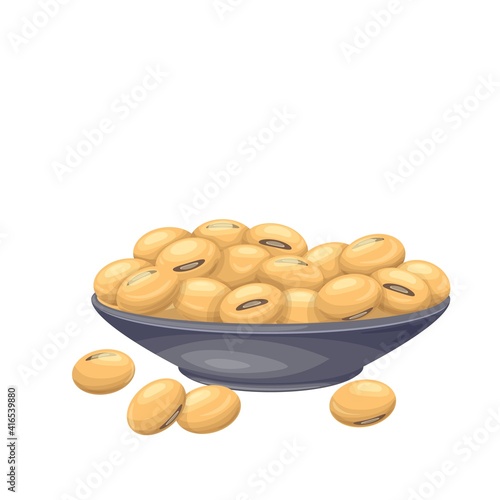 Soybean in bowl. Soy product vector illustration in cartoon style. Dry edamame beans icon.