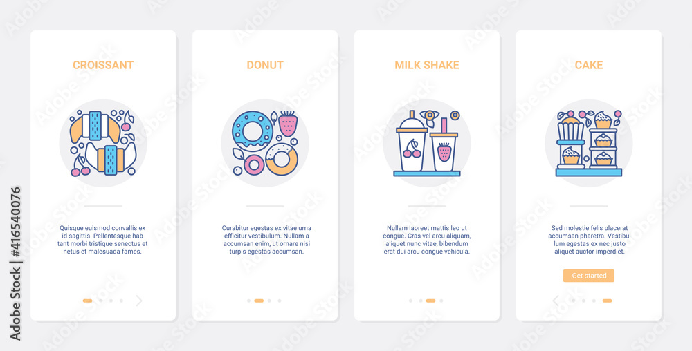 Fast food for cafe, bakery or pastry shop confectionery vector illustration. UX, UI onboarding mobile app page screen set with sweet croissant and donuts snack, milkshake with berry, cake symbols