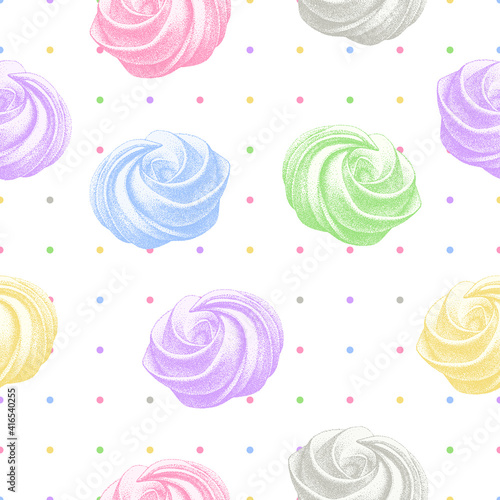 seamless pattern with color airy french meringues, marshmallow, zephyr. Vector in graphic vintage retro style. sweetness, sweet cake, dessert.