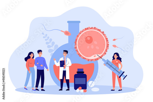 Happy couple consulting fertility doctor, taking medical treatment. Fertilization in clinic vector illustration. Pregnancy, infertility concept