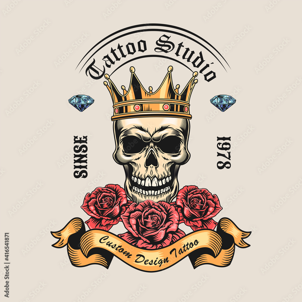 Trendy vintage badge with king skull and roses vector illustration. Colorful skull in crown, diamonds and rose flowers. Tattoo studio and custom design concept for tattoo, stamp, print template