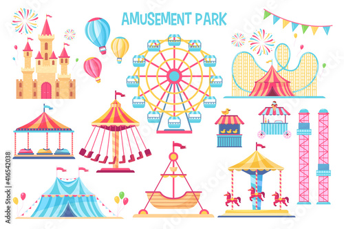 Colorful amusement park flat elements set. Cartoon carnival, circus and funfair carousels isolated on white background vector illustration collection. Fantasy playground entertainment concept