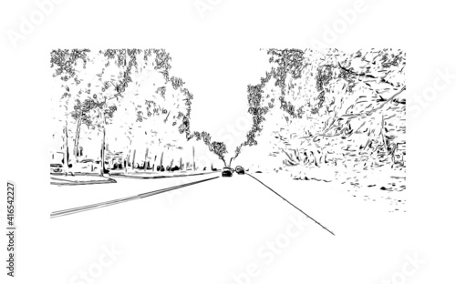 Building view with landmark of Novosibirsk is the
city in Russia. Hand drawn sketch illustration in vector.