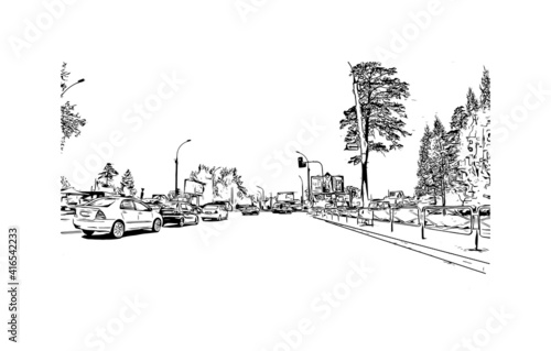 Building view with landmark of Novosibirsk is the
city in Russia. Hand drawn sketch illustration in vector.