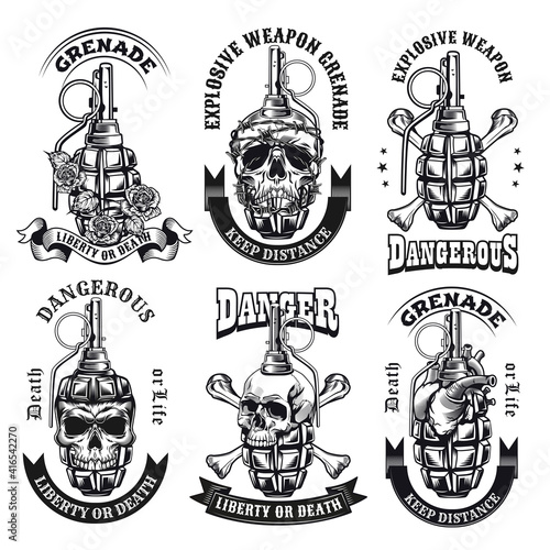 Monochrome emblems with grenade and skull vector illustration set. Vintage stickers of dangerous deadly grenades. Military weapon and explosion concept can be used for stickers and badges