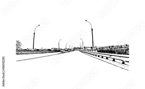 Building view with landmark of Novosibirsk is the
city in Russia. Hand drawn sketch illustration in vector.