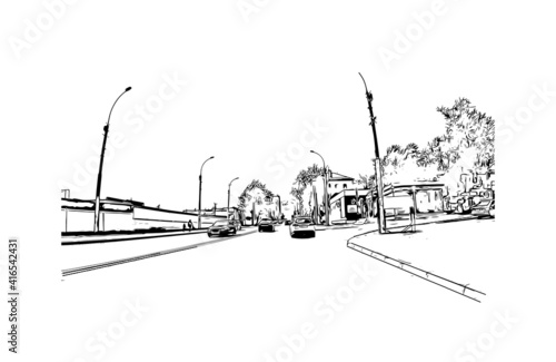Building view with landmark of Novosibirsk is the
city in Russia. Hand drawn sketch illustration in vector.