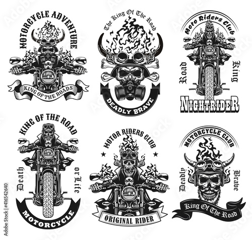 Monochrome labels with skeleton riders vector illustration set. Retro emblems with motorcyclists on motorbikes. Motorcycle adventure and extreme sport concept can be used for retro template