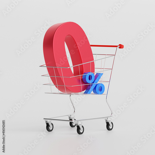 Billede på lærred Zero percent, 0% interest special offer installment payment with cart, 3d illust