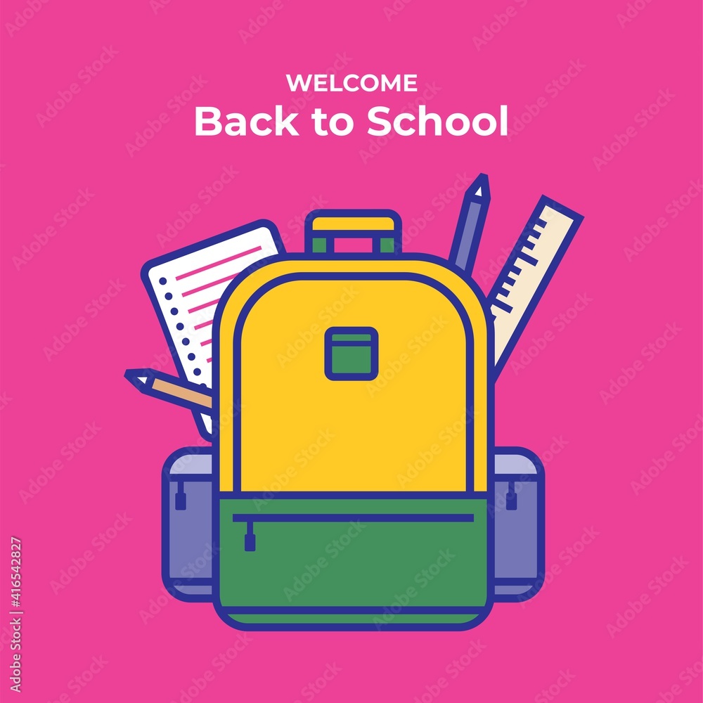 Welcome back to school vector illustration. Student bag with school supplies and education elements like school bag, books, pencil and ruler. Welcome back to school vector illustration. Student bag with school supplies and education elements like school bag, books, pencil and ruler.