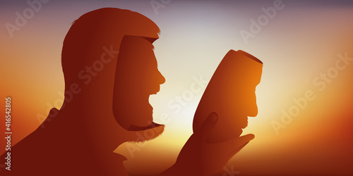 Concept de la souffrance psychique avec un homme vu de profil qui change d’expression en retirant son visage impassible, pour montrer sa colère intérieure.