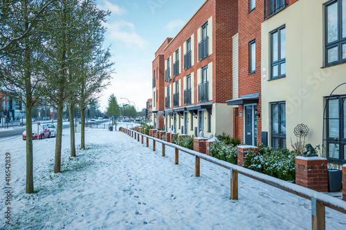 New built terraced houses under snow in england uk © Jevanto Protography