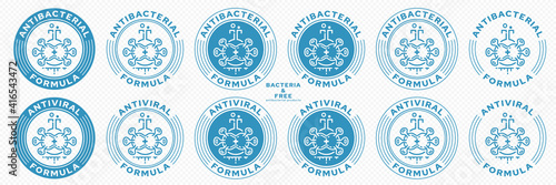 Concept for product packaging. The labeling is antibacterial and antiviral formula. Flask, molecule or microorganism icon with medical cross and ingredient line - symbol of anibacterial formula. Vecto