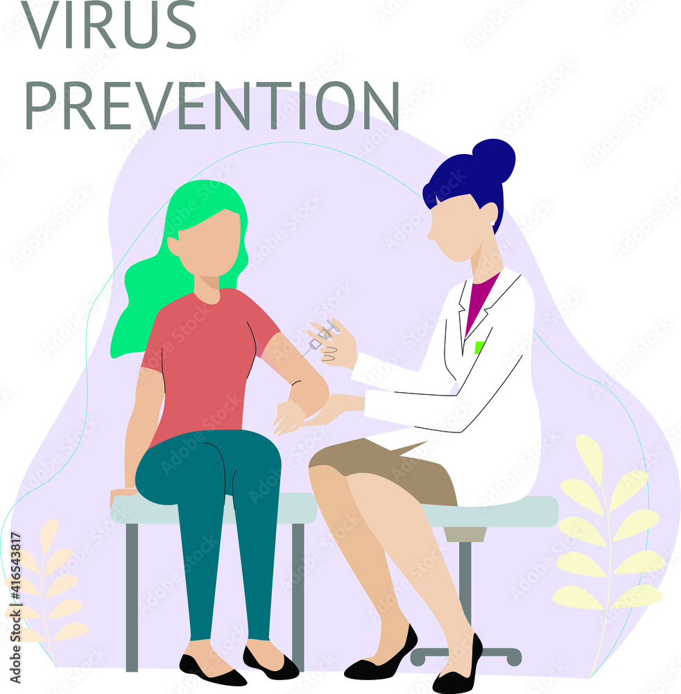 Virus prevention vaccination from coronavirus, vector illustration for healthcare design. Female doctor giving an injection to a patient. Covid-19 protection. Flat cartoon illustration of health care Virus prevention vaccination from coronavirus, vector illustration for healthcare design. Female doctor giving an injection to a patient. Covid-19 protection. Flat cartoon illustration of health care