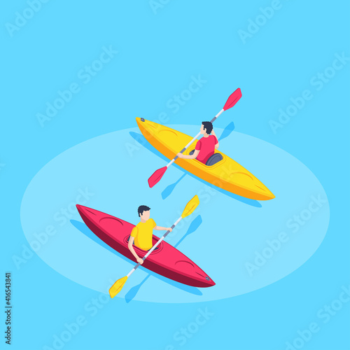 isometric vector illustration on blue background, men in sports uniforms sailing on a kayak, sports and hobbies