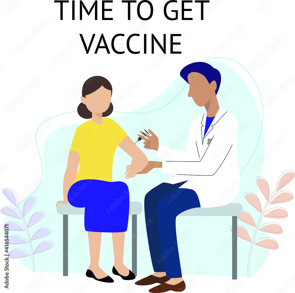 Doctor gives the vaccine inject to the patient, vector for healthcare design. Covid-19 protection. Flat cartoon illustration of inject vaccination Doctor gives the vaccine inject to the patient, vector for healthcare design. Covid-19 protection. Flat cartoon illustration of inject vaccination