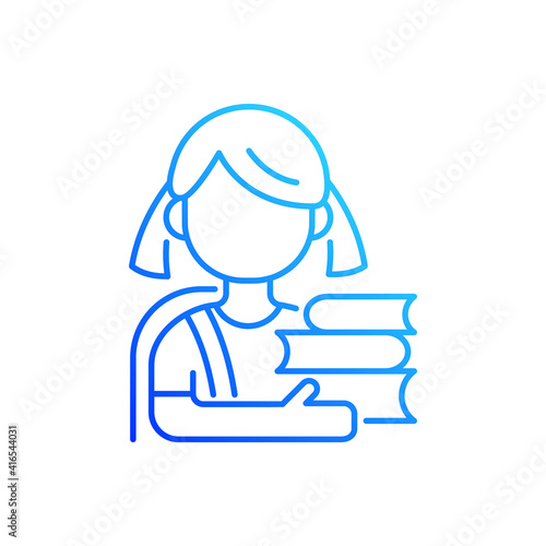 Schoolgirl gradient linear vector icon. Physical, cognitive growth. Mental development. Elementary education. Thin line color symbols. Modern style pictogram. Vector isolated outline drawing