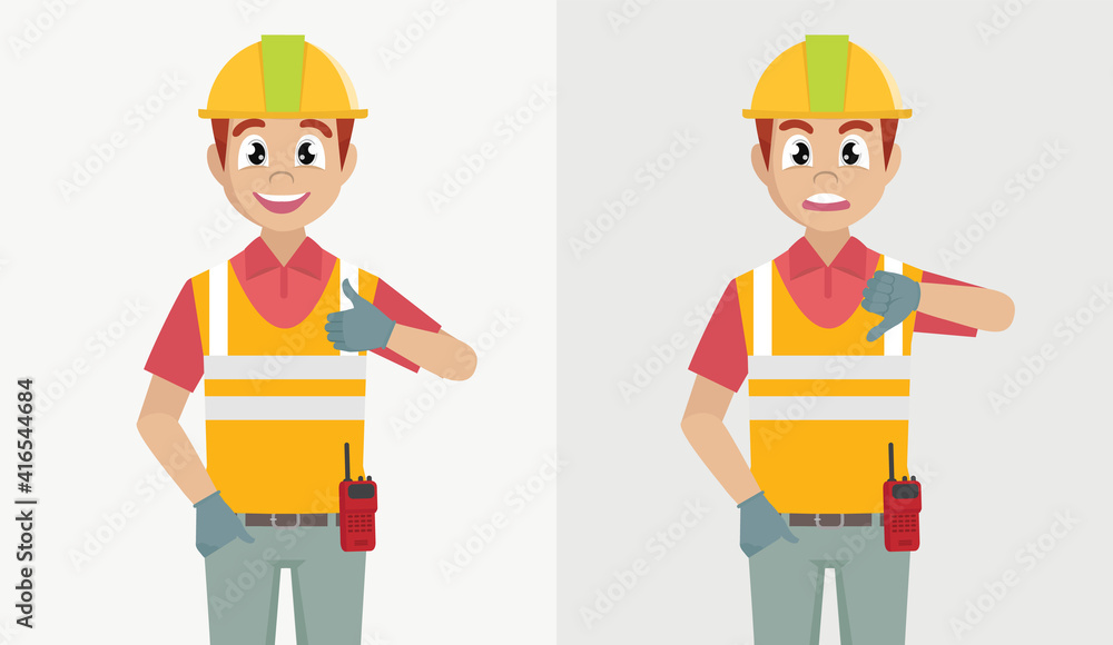 Cartoon character Poses, architect man showing thumb up and thumb down. Likes and dislikes feedback concept. Cartoon character Poses, architect man showing thumb up and thumb down. Likes and dislikes feedback concept.