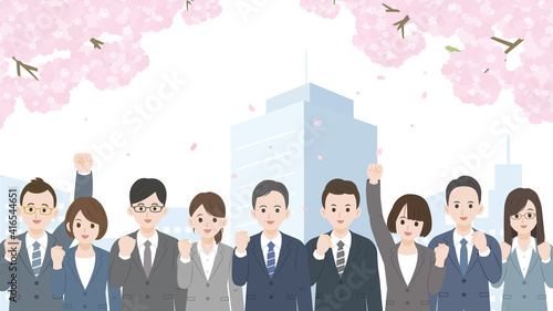 ビジネス　会社員　新卒　桜　就職　応援　ガッツポーズ　イラスト素材