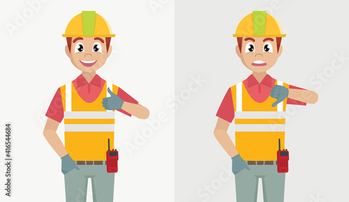 Cartoon character Poses, architect man showing thumb up and thumb down. Likes and dislikes feedback concept.