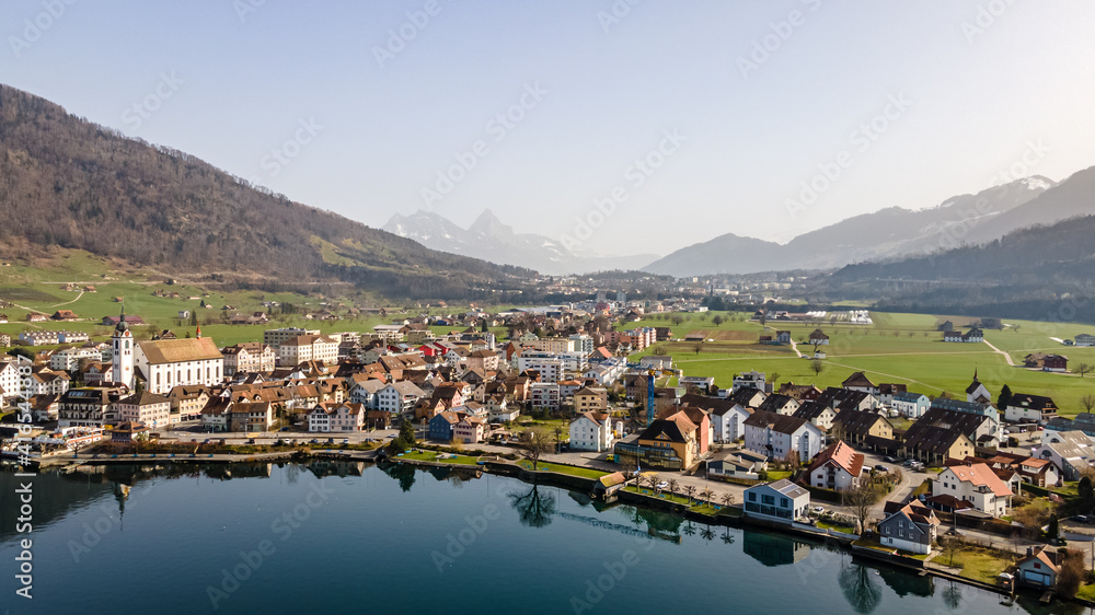 Drone pictures of the village of Arth on the lakeshores of lake Zug in the canton of Schwitz, Switzerland. 