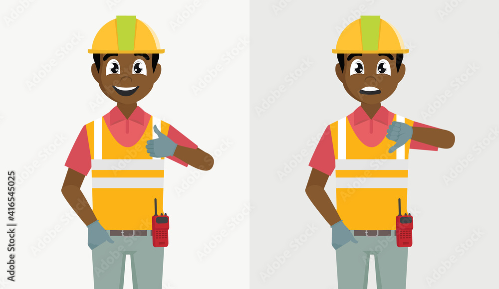 Cartoon character Poses, architect man showing thumb up and thumb down. Likes and dislikes feedback concept.