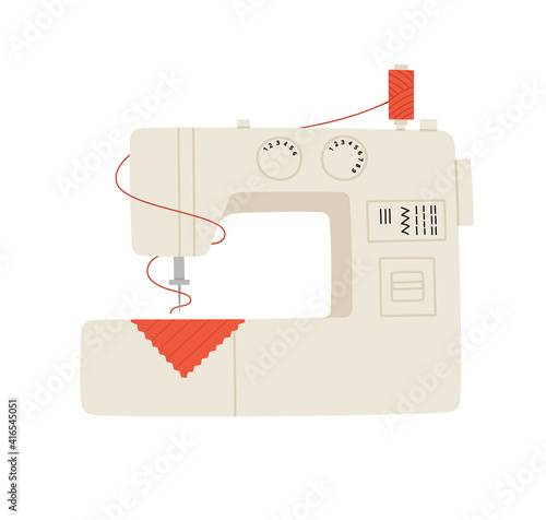 Vector illustration of a sewing machine, needle, thread, and fabric samples. Hand-drawn set in flat style, isolated on white background. Sewing hobby concept. 