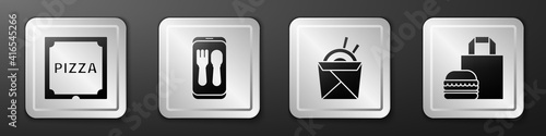 Set Pizza in cardboard box, Online ordering and delivery, Asian noodles and chopsticks and Online ordering burger delivery icon. Silver square button. Vector.